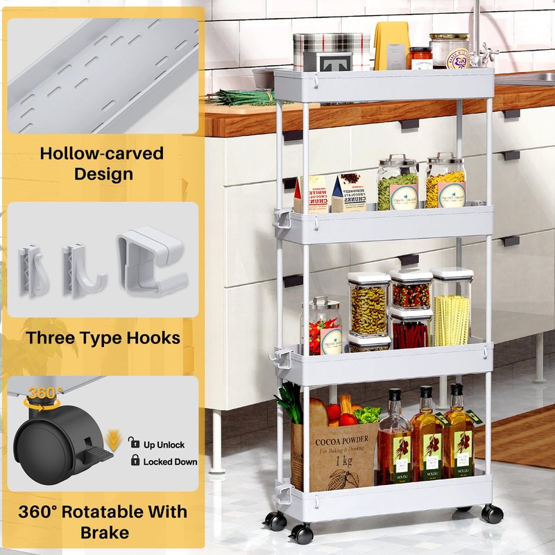 SPACEKEEPER Slim Rolling Storage Cart 4 Tier Bathroom Organizer Mobile