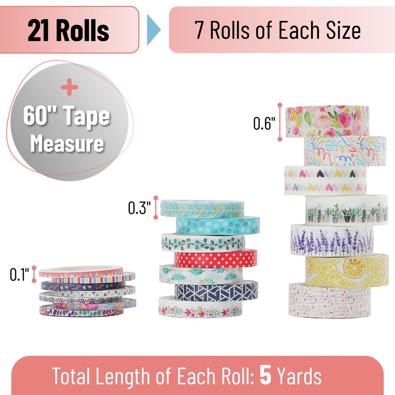 Mr. Pen- Washi Tape Set, 21 Rolls, Assorted Sizes, Floral