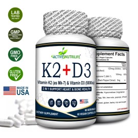 Vitamin K2 + VIT D3 5000 IU with BioPerine for Maximum Absorption (60 Capsules)
