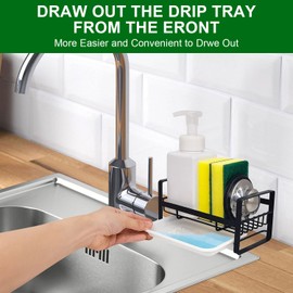 AxiwoIntl Sink Organiser, Stainless Steel Sink Organiser, Kitchen, Kitchen Organiser with Removable Drain Pan, Brush Tray for Kitchen, No Drilling (Black)