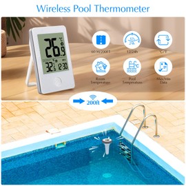 Chatthen Wireless Pool Thermometer, Floating Easy to Read with Indoor Temperature Monitor, IP67 Waterproof Digital Pool Thermometer for 60 m Range for Swimming Pools, Aquariums, Bathtubs