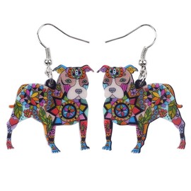 BONSNY Dog Collection “BUSTER” PIT BULL Dog Statement Acrylic Pop-Art Long Drop Dangle Women Earrings(Multoclolor)
