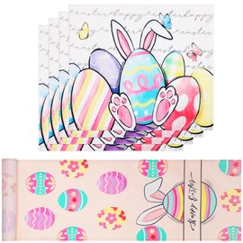 Bigqin Table Runner with 4 Pieces Placemat Easter Linen, Happy Easter Egg Cartoon Element, Decorations for Dining Room Kitchen Cafe Home Indoor Bar Party