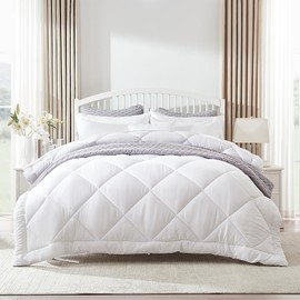 SLEEP ZONE Comforter Set Queen Cooling, 7 Pieces Down Alternative Quilted Comforter for Women and Men, Include Comforter, Fitted Sheet, Flat Sheet, Pilowcase, Pillow Sham (White Square, Queen)