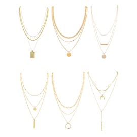 Estune 6 Pieces Gold Layered Necklaces for Women Boho Long Chain Tassels Choker Map Coin Bar Crescent Moon Necklace Y Pendant