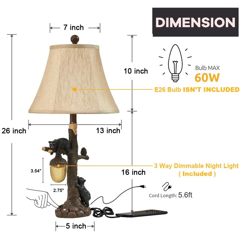 LOKHOM Rustic Western Bear Table Lamp with Nightlight Set of