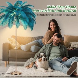 Fivemengo Feather Floor Lamp for Living Room, Fluffy Ostrich Feathers Lamp, Rose Gold Color Body, 3 Color Temperatures Modern Funky Arc Tall Standing Lamp for Bedroom Inclued Bright LED Bulbs (Blue)