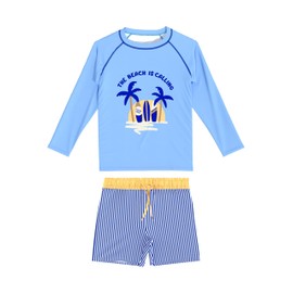 weVSwe Boys Swim Set UPF 50+ Swim Top and Trunks Long Sleeve 2 Piece Toddler Rash Guard Swimwear Sunsuit Surf Suits Kids Blue Stripes 2 Years