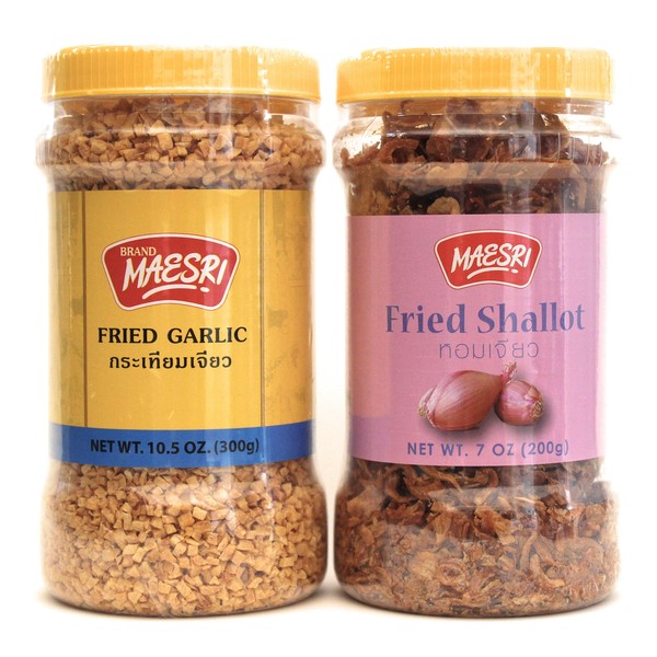 Maesri Fried Shallot & Fried Garlic Combo Pack, Ingredient & Garnish widely used in Asian Cooking, 7 Ounce & 10.5 Once Jar, 2 Piece Assortment