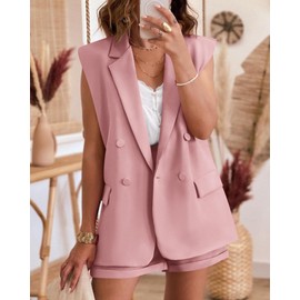 KIRUNDO Womens Suits 2 Piece Set Casual Fashion Dressy Cute Pink Sleeveless Long Blazer and Shorts Sets Outfits Matching Summer Office Clothes(Pink, X-Large)