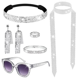 6 accesorios de discoteca de los años 70 para mujer, juego de joyas de disfraces, aretes de discoteca, anillos, bufanda, anteojos de sol, pulsera, diadema