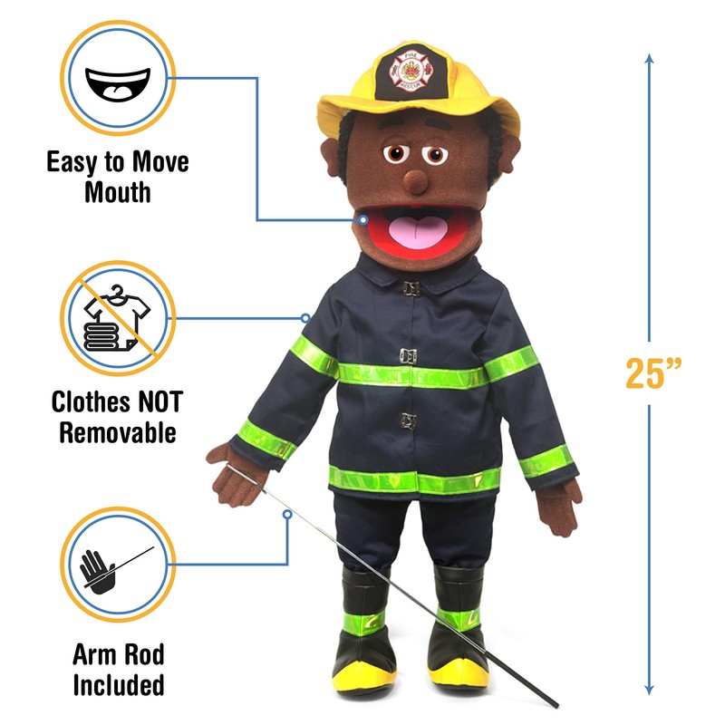 Fireman, Black Male, Full Body, Ventriloquist Style Puppet, 65cm