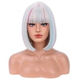 WTHCOS Platinum Blonde Blue Mixed Pink Wig With Bangs for Women Girls Short Rainbow Bob Wig Colorful Wigs ColorfuHeat Resistant Synthetic Wigs for Cosplay Costume Party