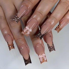 24Pcs Long Coffin Press on Nails Acrylic Fake Nails with Glue Brown French Tip False Nails with 3D Bow Rhinestone Design Ballerina Nail Tips Fall Winter Glue on Nails Reusable Stick on Nails for Women