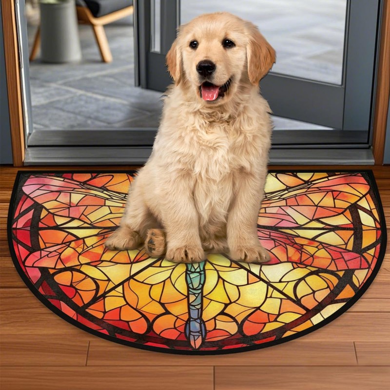 Half Round Door Mat,24" x 36",Stained Glass Dragonfly Welcome Entrance