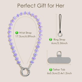 SURPHY Phone Charm, Crystal Glitter Phone Strap with Keychain & Tether Tab, Bracelets Strap for Women, Anti-Lost Wrist Lanyard Chain, Bling Purple