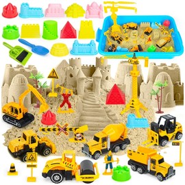 FreeSkill Play Sand for Kids - 2lbs Sensory Sand Construction Set with 6 Vehicles, 12 Castle Molds, Sands Moulds & Tools, Sandbox with Lid, Sensory Bin for Boys & Girls Age 3-7 Indoor & Outdoor Play