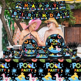 Pool Party Birthday Decorations Tableware set, 142Pcs Pool Party Supplies includes Summer Plates and Napkins, Pool Party Napkins for Summer Party Supplies Summer Pool Party Decorations