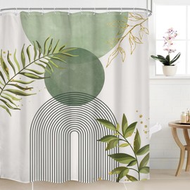 Mitpok Sage Green Boho Shower Curtain 72Wx84H Extra Long Modern Abstract Bohemian Leaves Minimalist Neutral Botanical Arch Bathroom Decor Mid Century Plant Bath Curtain Fabric Polyester 12 Pack Hooks