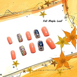 24Pcs Fall Medium Press on Nails Coffin Maple Leaf Full Cover False Nails With Autumn Leaves Designs Acrylic Glossy Stick on Reusable Artificial Thanksgiving for Women