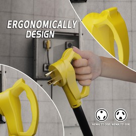 PlugSaf 25 FT 30 Amp RV Extension Cord Outdoor with Grip Handle, Flexible Heavy Duty 10/3 Gauge STW RV Power Cord Waterproof with Cable Organizer, NEMA TT-30P to TT-30R, Black-Yellow, ETL Listed