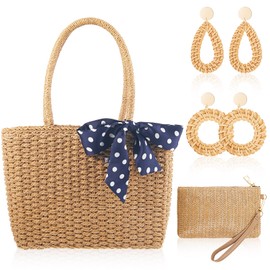 Abbylike Woven Straw Bag for Women with Straw Clutch Purse 2 Pair Rattan Earring Boho Zipper Handbag with Polka Dot Bowknot for Summer Travel Vacation