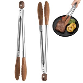 2 Pcs Walnut Wooden Tongs, Stainless Steel BBQ Tong with Wood Tips, 12-inch Long Handle Kitchen Tong, Heat Resistant Salad Tongs, Ideal for Grilling, Cooking, Charcuterie