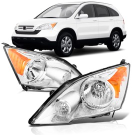 Halogen Headlight Assembly Compatible with 2007-2011 Honda CR-V CRV Front Light Pair, Replacement Headlamp Set Chrome Housing Clear Lens Amber Reflector, Driver Passenger Side