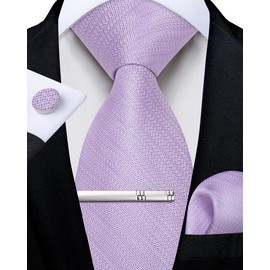 DiBanGu Plain Tie for Men Formal Silk Tie and Pocket Square Cufflinks Tie Clip Set for Wedding Party, lilac