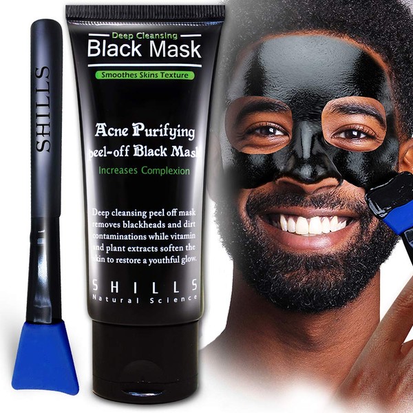 SHILLS Charcoal Mask for Men, Purifying Peel Off Mask, Black Mask Peel Off, Black Mask Deep Clean Pore, Blackhead Remover, 1 Bottle (1.69 fl. oz) and a Brush Set