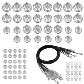 Woohome 60 PCS Bead Cage Pendant Spiral Beads, 4 Size Silver Plated Stone Holder with 10 PCS Black Wax Rope, Jump Rings for Jewelry Making and Crafting