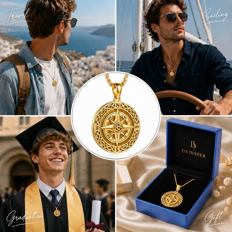 DRINSPER Celtic Compass Necklace for Women Men, Travel Protection Pendant