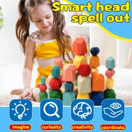 RunHero Wooden Assortment Stacking Blocks Montessori Toys 2 3 4 5 6 Year Old Preschool Education Sensory Toys Building Blocks Games Kids 3 4 5 6 Year Old Boys & Girls Birthday Gifts (39pcs)