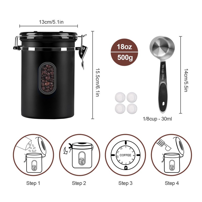 1500ML Airtight Coffee Canister with Date Tracker and Transparent Window,