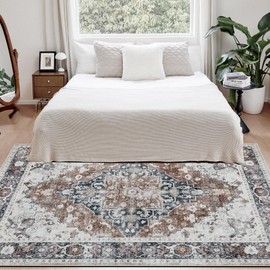 Joydeco 5x7 Area Rugs for Living Room, Machine Washable Vintage Area Rugs, Low Pile Non Slip Carpet, Lightweight Chenille Print Rug for Bedroom, Dining Room, Home Office, Beige Red Black