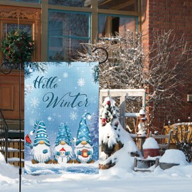 Louise Maelys Hello Winter Gnome Garden Flag 12x18 Double Sided, Burlap Small Vertical Snowflakes Snow Garden Yard House Flags for Winter Christmas Seasonal Outside Outdoor House Decor (ONLY FLAG)