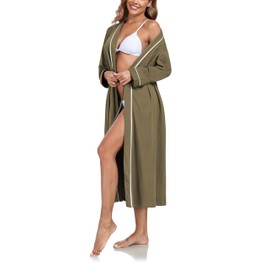 COLORFULLEAF 100% Cotton Dressing Gown Women's Lightweight Long Sauna Bathrobe Long Sleeve Kimono with Pockets Women Sleepwear, olive green