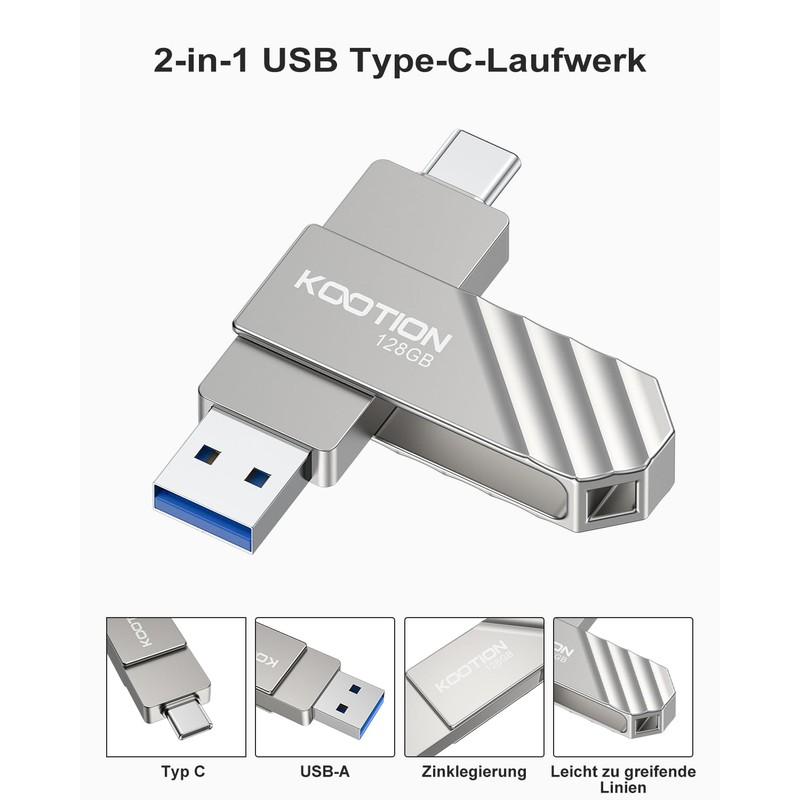 KOOTION USB Flash Drive [USB 3.2 128G] 2 in 1