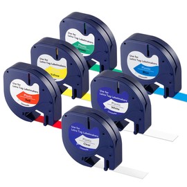 6X LetraTag Label Plastic Label Tape for Dymo, 12 mm x 4 m Roll, Black on Transparent/White/Yellow/Red/Blue/Green, Replacement Dymo Clear Label Tape