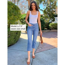 luvamia High Waisted Cropped Jeans for Women Casual Denim Capris Womens Fashion Lakeside Blue Women Jeans Jean Capri Pants for Women Women's Capris and Cropped Pants Size Large Fits Size 12 Size 14