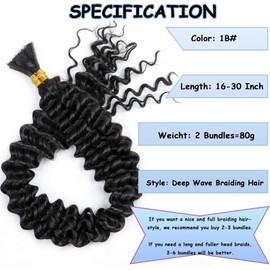 XGY Hair Black Braiding Hair for Boho Braids 80g 16 Inch Deep Water Wave Bulk Braid Hair Knotless Boho Braiding Curly Extensions Bohemian Braids 2 Bundles/Pack Natural Color