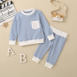 ZAXARRA Baby Boy Fall Clothes Long Sleeve Toddler Boy Waffle Sweatshirt Pullover Tops Pants Infant Fall Winter Outfits (Blue, 2-3T)