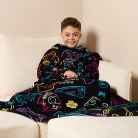 OHS Wearable Blanket Kids Gaming, Ultra Soft Snuggle Blanket for Boys Girls Fleece Blanket Hands Free Sleeves for Gaming Relaxing TV - Black, 125cm x 100cm
