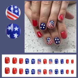 24 Pcs Independence Day Press on Nails Short Coffin False Nails American Flag Glue on Nails Stars Full Cover Design Fake Nails Patriotic Square Stick on Nails for Women 4th of July Manicure Tips