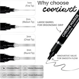 3PK Liquid Chrome Markers - Permanent Mirror Chrome Pens, Chrome Paint Pens for Plastic, Metal, Model Painting, Touch Up & Repair Kit, Set of 3 Tips (0.7mm, 1mm, 3mm)
