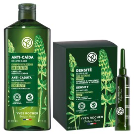 Yves Rocher Set Triple Acción ANTI-CAÍDA: Shampoo FORTALECIMIENTO y DENSIDAD de cabello (300 ml) + Ampolletas estimulantes para el CRECIMIENTO capilar con FRUCTANOS DE AGAVE y LUPINO BLANCO