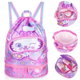 YOYTOO Drawstring Backpack for Kids Girls, Cute Cartoon Cat Waterproof Drawstring Bag String Swim Gym Sports Beach Bag with Shoes & Sunglasses Compartment and Wet Proof Pocket