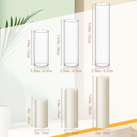 Shihanee Set of 3 Ivory Pillar Candles and Glass Cylinder Candle Holders with 1 Round Wooden Decorative Candle Plate Wooden Candle Tray 11.2" for Table Centerpiece Home Xmas 3"x5.9", 7.9", 9.8"