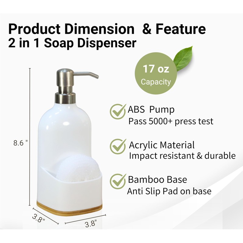 Clasin Home Kitchen Soap Dispenser with Sponge Holder, Refillable Acrylic