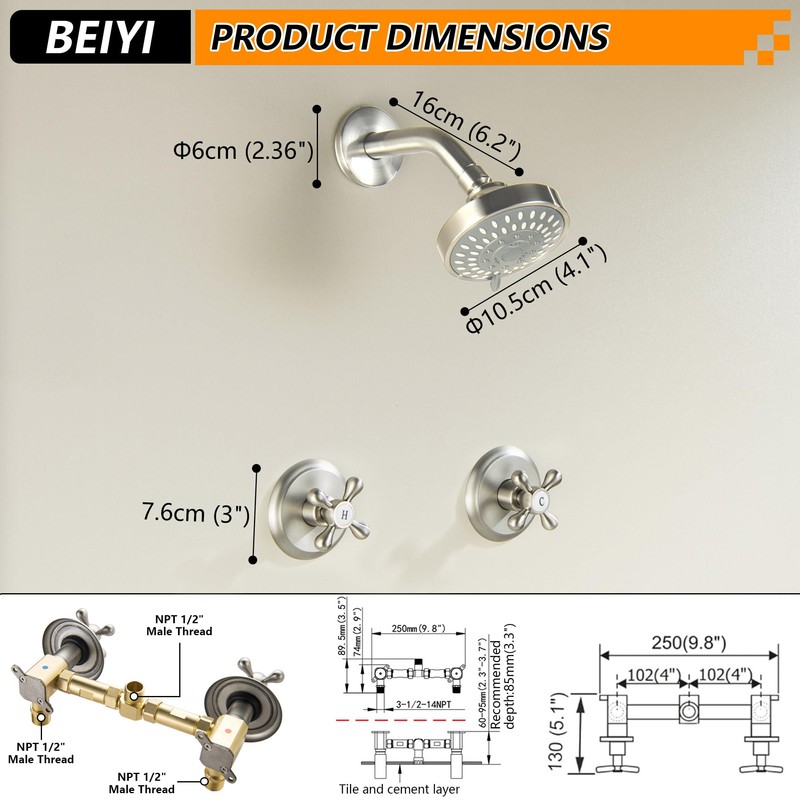 BEIYI 2 Handle Shower Faucet, Two Handles Shower Faucet Set,